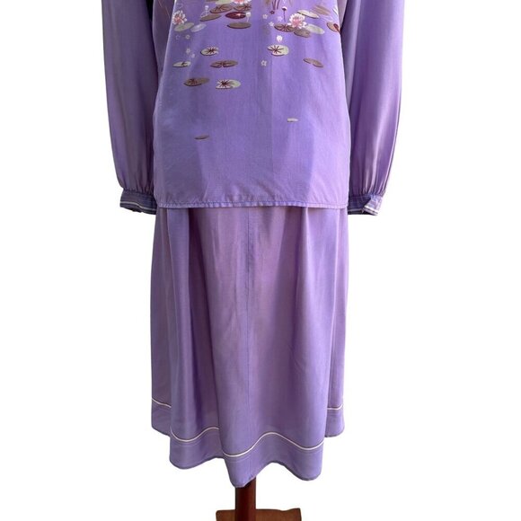 Richard Peters Vintage Lilac Silk Floral Tie Neck Blouse Pleated Midi Skirt Set - Picture 3 of 16